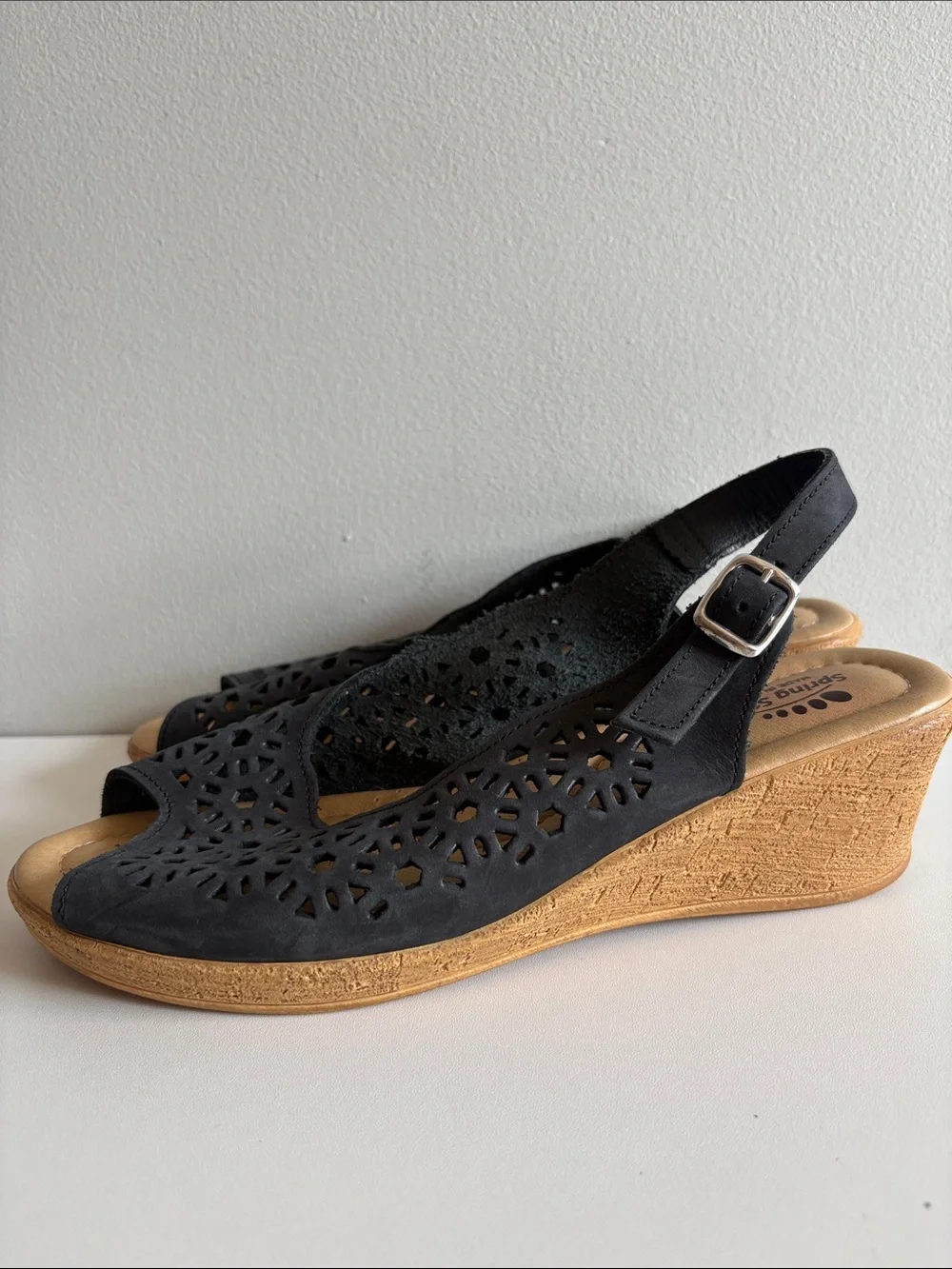 Spring Step Size 9 Navy Leather Cutout Slingback Wedge Sandals Made Italy